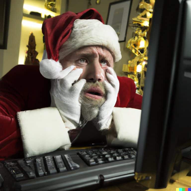santa claus frustrated at his computer, old movie