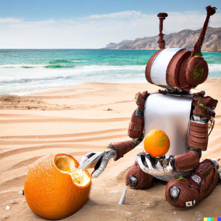 A robot rabbit eating an orange on a beach