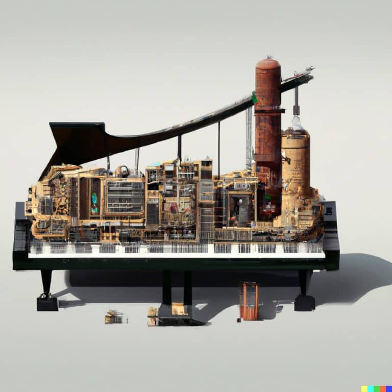 DALL·E - A piano in the shape of a factory, digital art