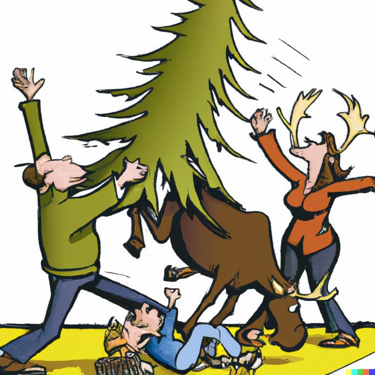 DALL·E - christmas tree being tipped over by a moose in front of a terrified family